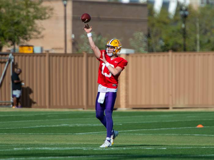 Redshirt freshman quarterback Garrett Nussmeier throws a pass during camp.